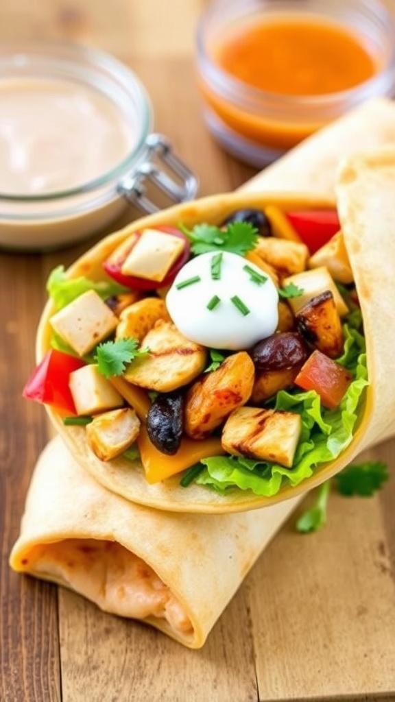 A grilled chicken burrito filled with lettuce, tomatoes, and cheese, accompanied by chipotle ranch dressing on a wooden table.